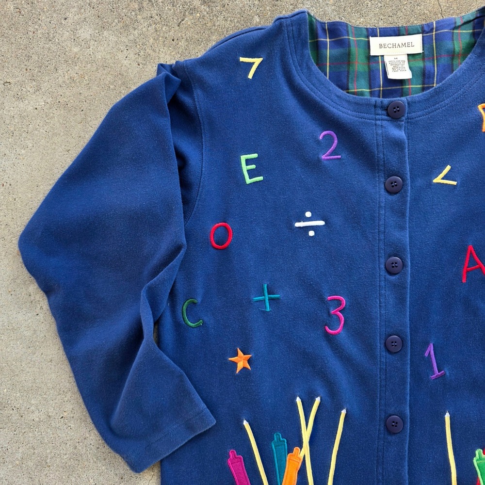 Vintage 90s Teacher Sweater Size M Alphabet Pencils Oversized Wearable Art - Picture 6 of 13